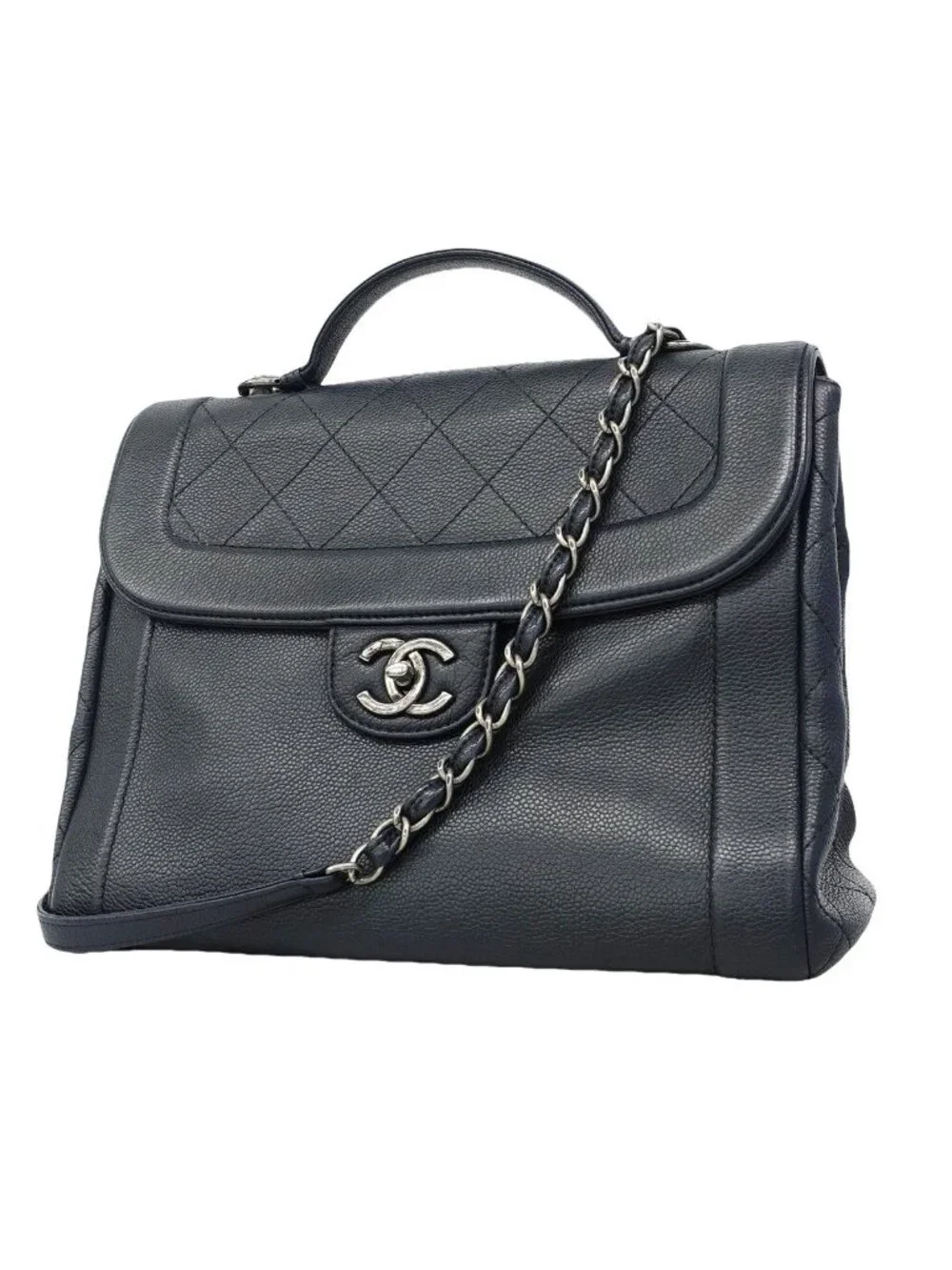 Chanel Handbag Quilted Leather Navy Silver 2-Way